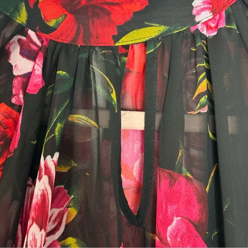 New York & Co 7th Avenue Design Studio Black & Pink Floral Print Sleeve Blouse - Picture 4 of 9